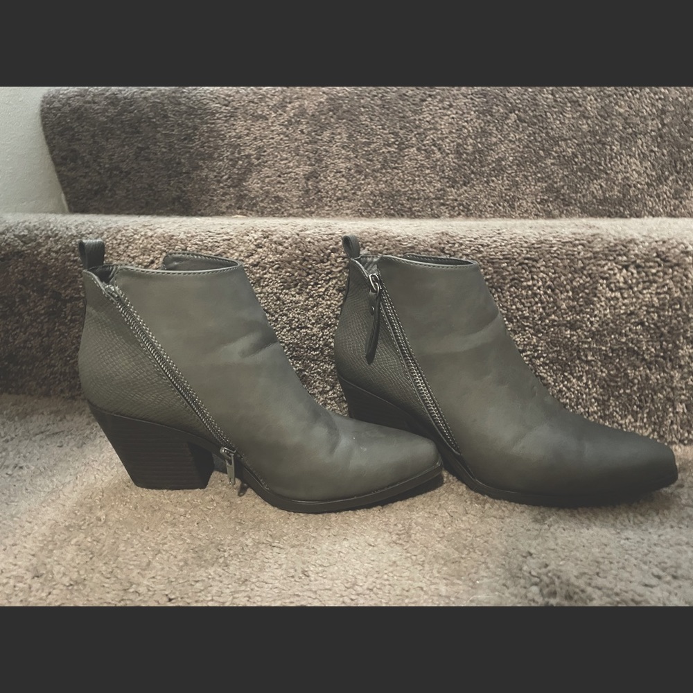 Womens booties, grey, snake skin texture on back side
